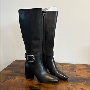 Coach Black Knee-High Block Heel Boots with Buckle Detail